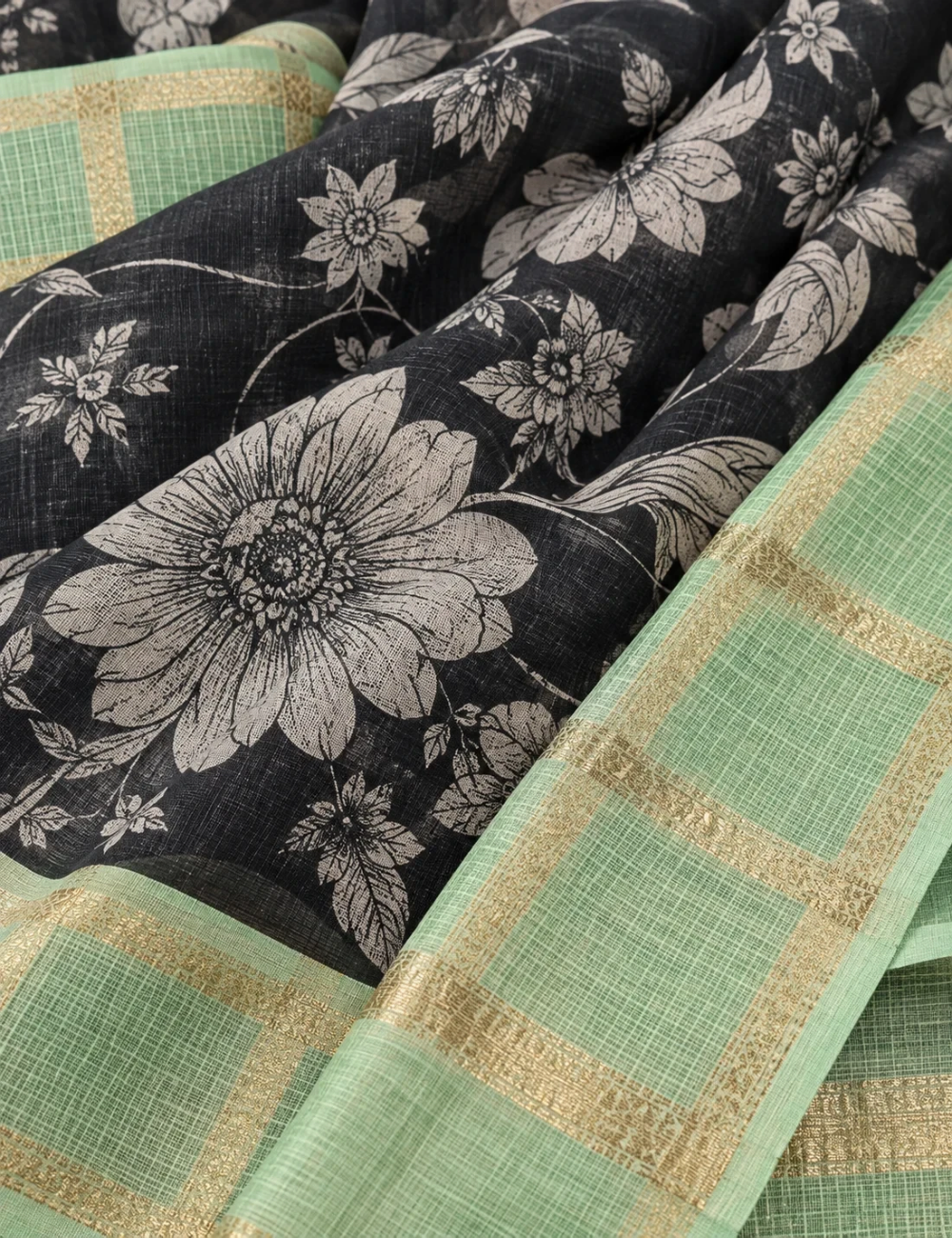 House Of Paramya black soft Kota silk saree with floral print and sage green zari check border and pallu