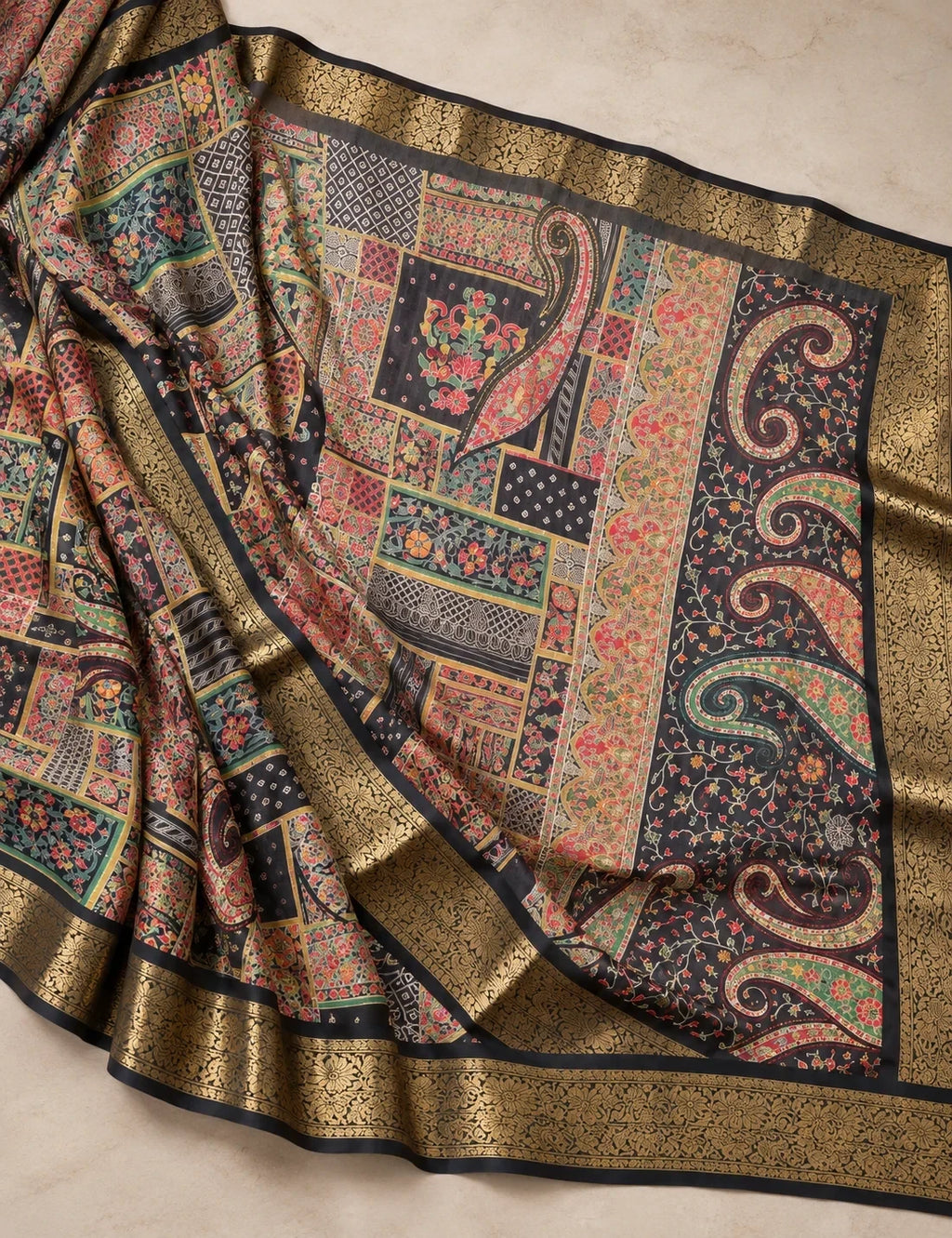 House Of Paramya black georgette saree with multicolor patchwork print, paisley motifs, and gold zari woven border.