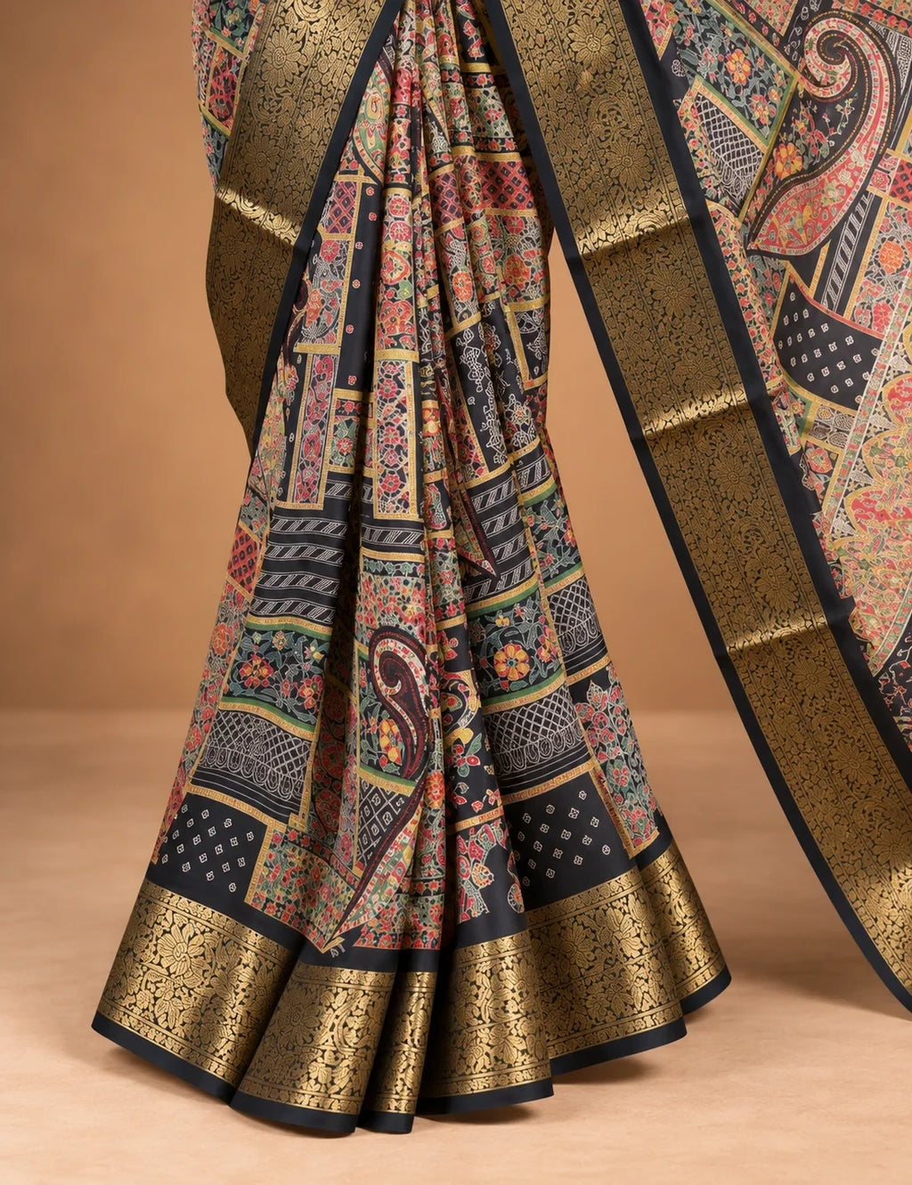 House Of Paramya black georgette saree with multicolor patchwork print, gold zari border, and traditional motifs.