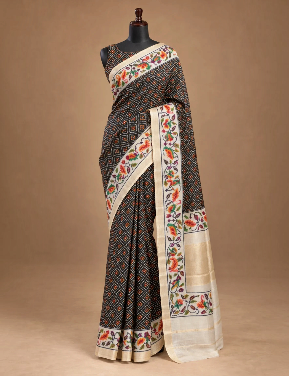 House Of Paramya black digital Patola print silk saree with woven parrot motif border and cream gold pallu