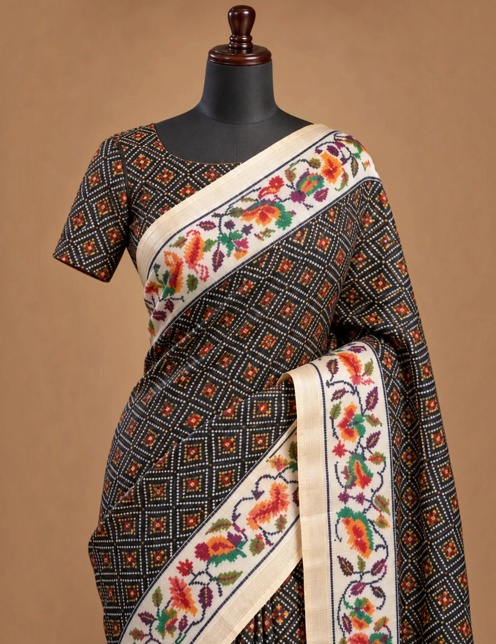House Of Paramya black digital Patola print silk saree with woven parrot motif border and cream gold pallu