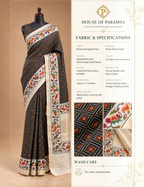 House Of Paramya black silk saree featuring a digital Patola print and a cream border with woven parrot motifs.