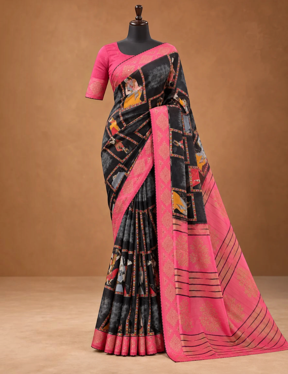 House Of Paramya black georgette saree with traditional prints and a vibrant pink border featuring stone work details.