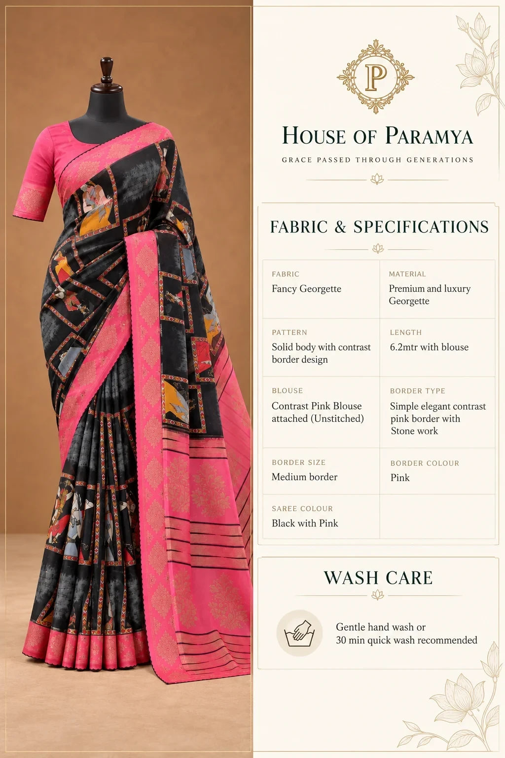 House Of Paramya black georgette saree with traditional prints, pink border, stone work, and matching blouse piece.