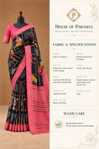 House Of Paramya black georgette saree with traditional prints, pink border, stone work, and matching blouse piece.