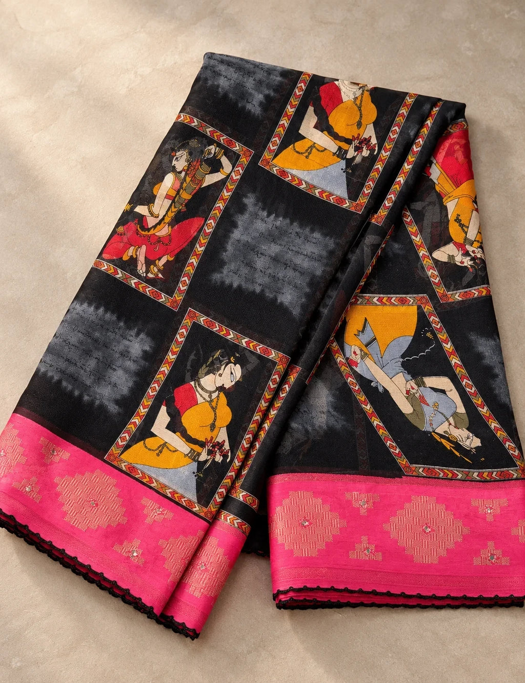 House Of Paramya black georgette saree with traditional printed figures and a vibrant pink border with stone work.