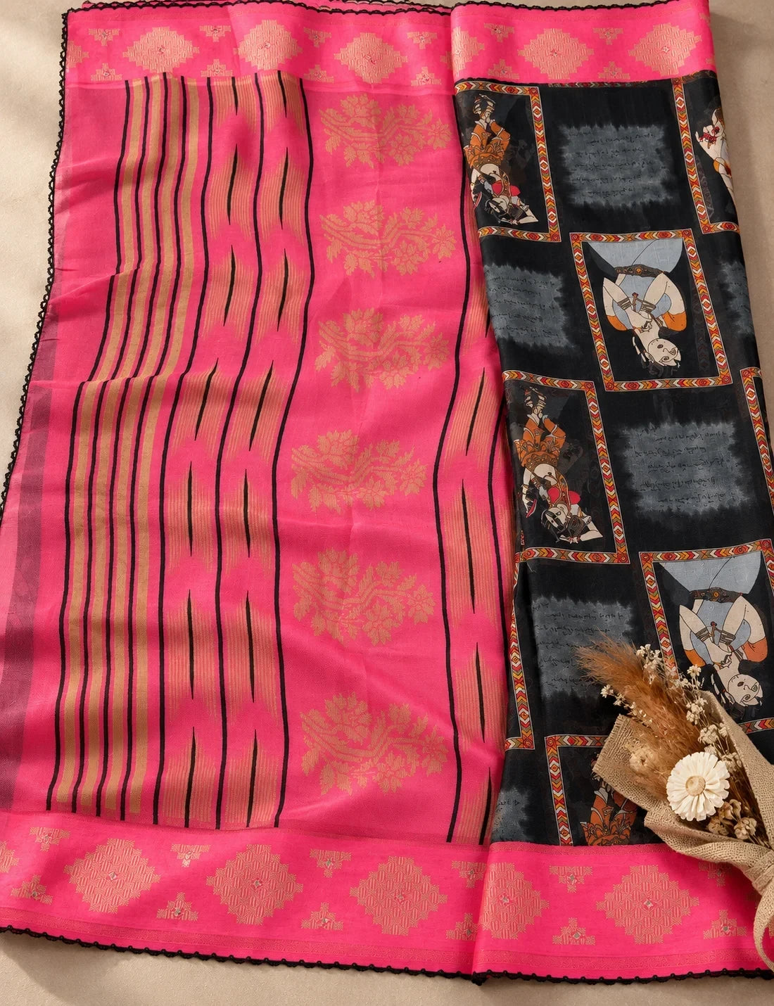 House Of Paramya black and pink georgette saree with traditional printed motifs, stone work, and striped border
