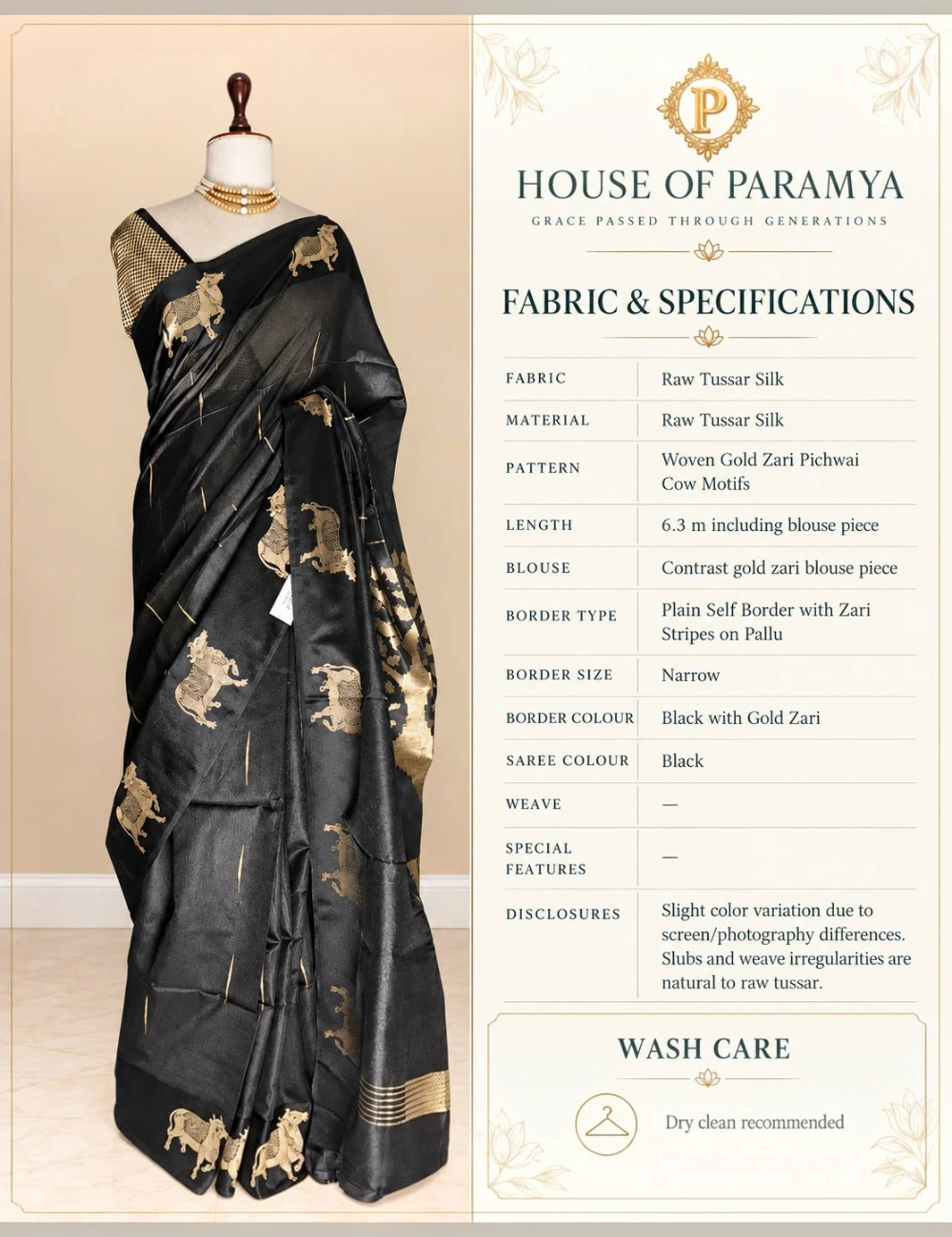 House Of Paramya black raw tussar silk saree featuring woven gold zari Pichwai cow motifs and a gold zari pallu.