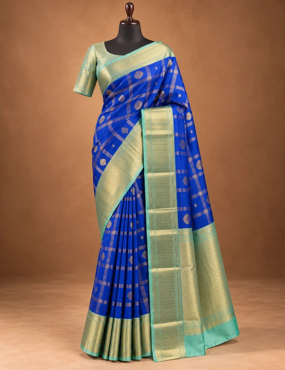 House Of Paramya royal blue semi Kanjivaram silk saree with checkered pattern, floral butis and turquoise zari border