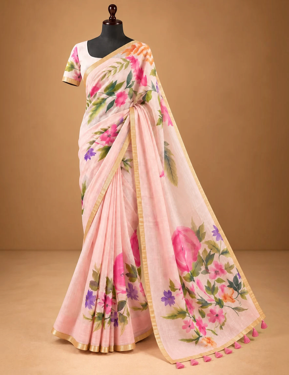 House Of Paramya blush pink linen saree with watercolor floral print, green vines, and gold border on a mannequin.