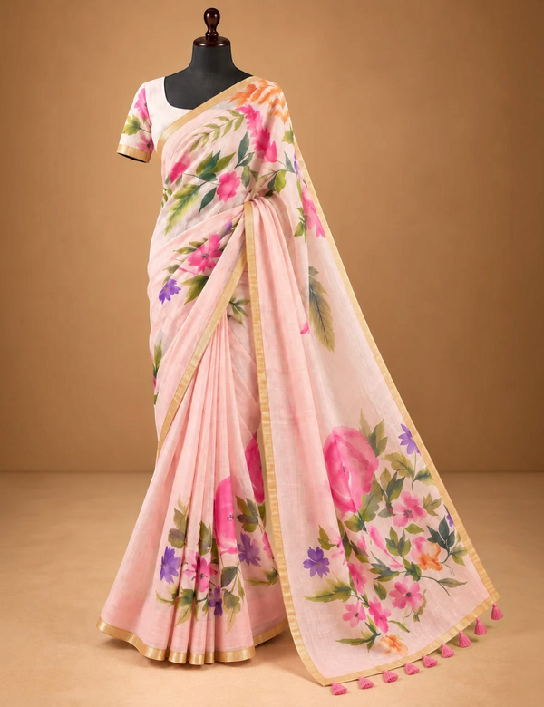 House Of Paramya blush pink linen saree with watercolor floral print, green vines, and gold border on a mannequin.