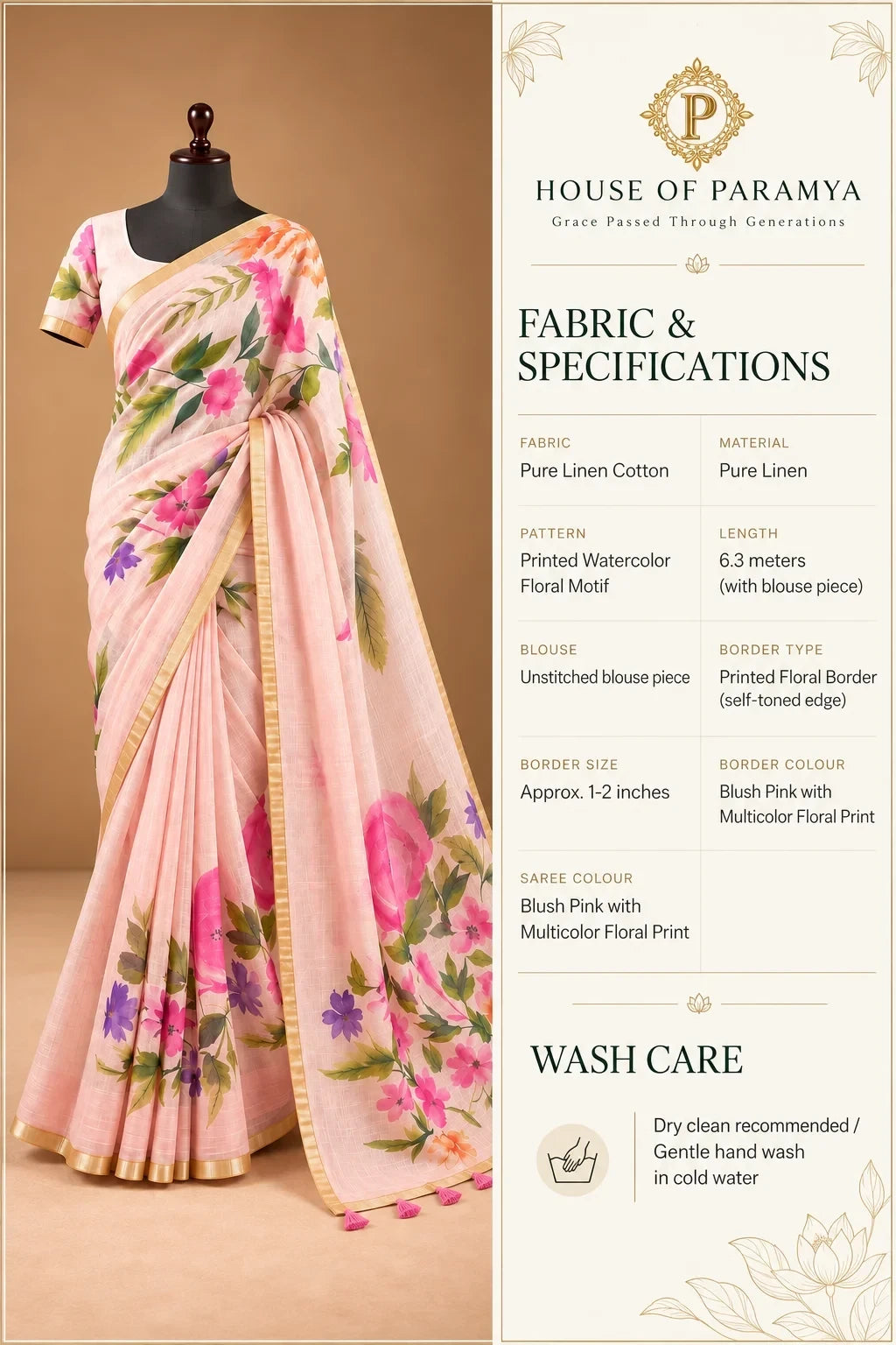 House Of Paramya blush pink pure linen saree with vibrant watercolor floral prints and a gold border on a mannequin.