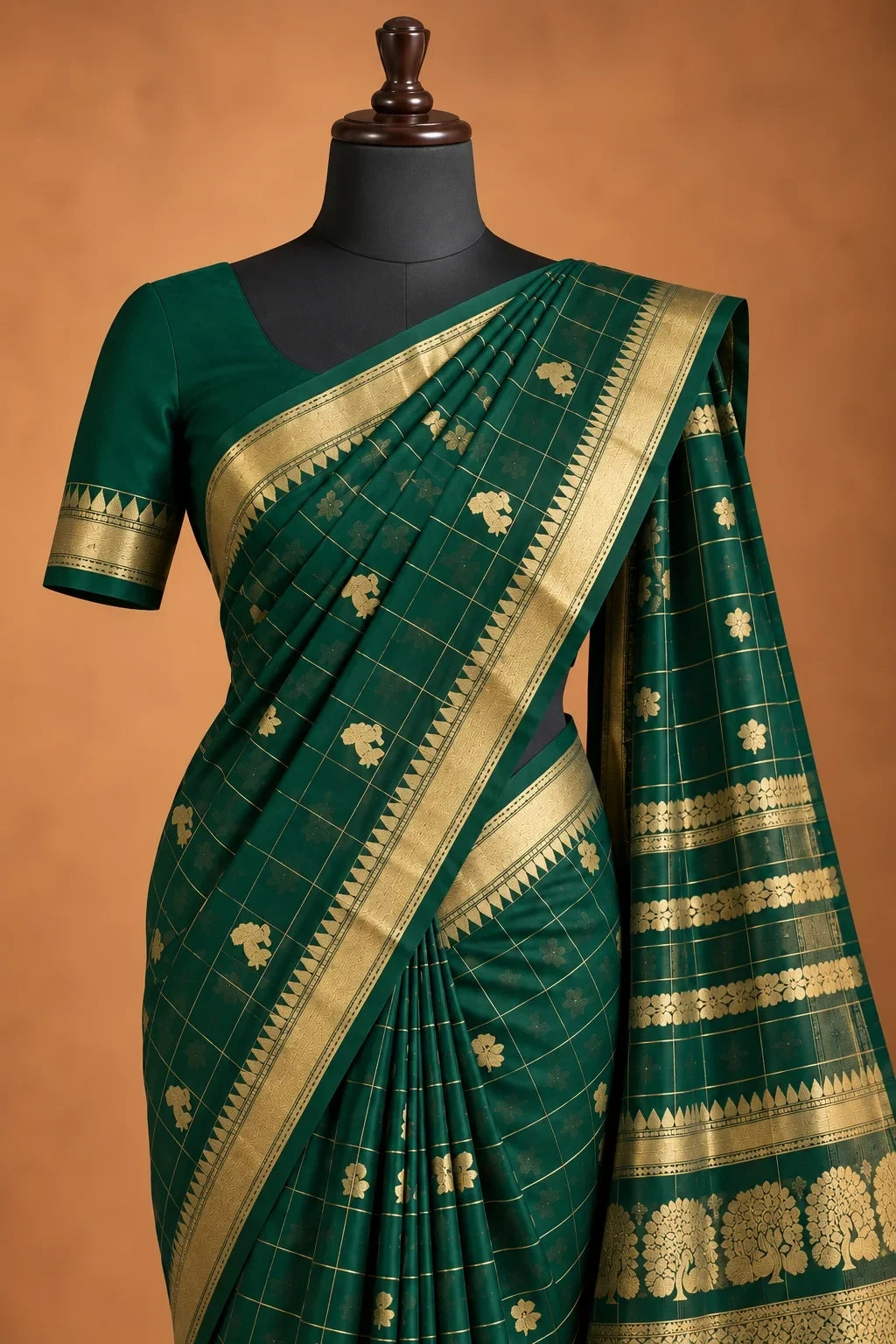 House Of Paramya bottle green raw silk saree with gold checkered weave, floral butis, and ornate zari vine border.