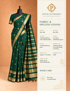 House Of Paramya bottle green raw silk saree featuring a checkered weave, gold floral butis, and a zari vine border.