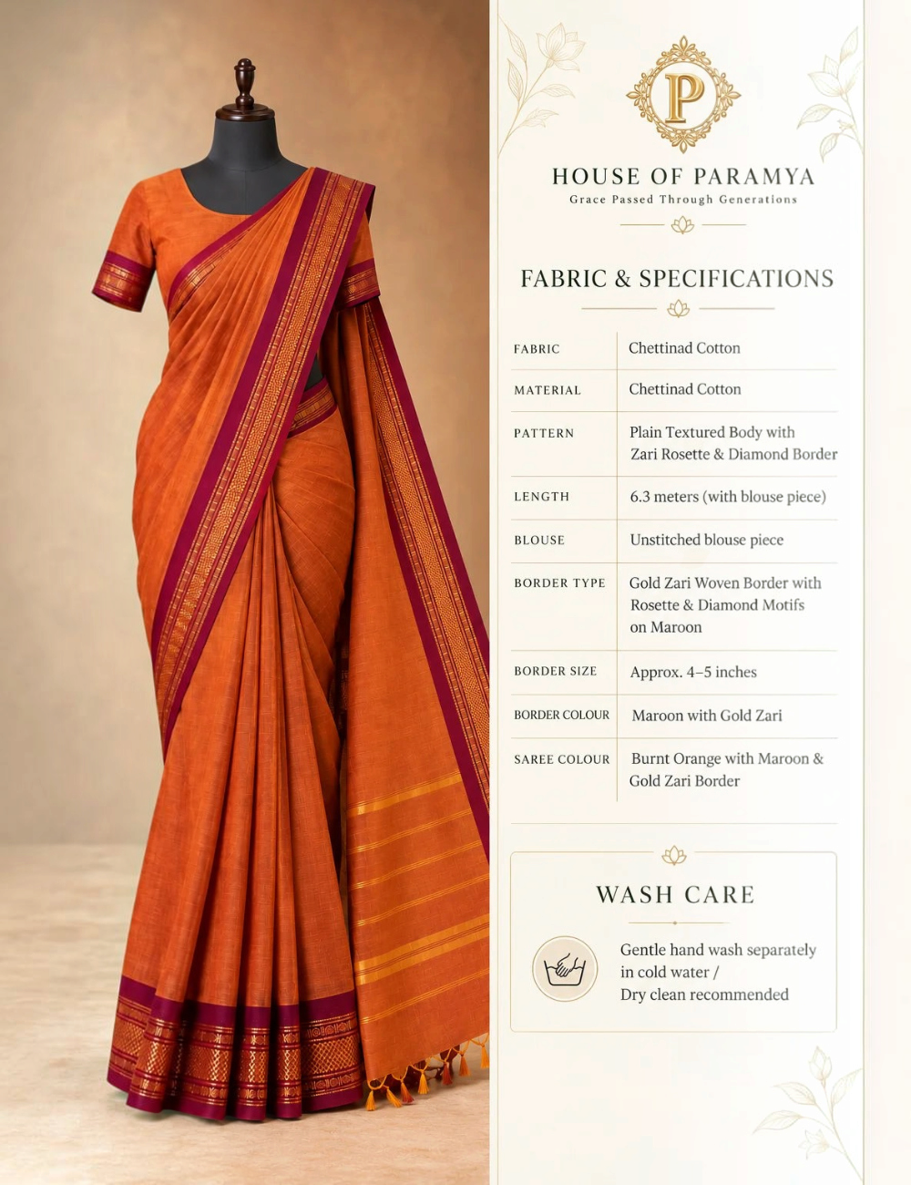 House Of Paramya burnt orange Chettinad cotton saree with a maroon gold zari rosette and diamond motif border