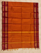 House Of Paramya burnt orange Chettinad cotton saree with a maroon border featuring gold zari rosette and diamond motifs