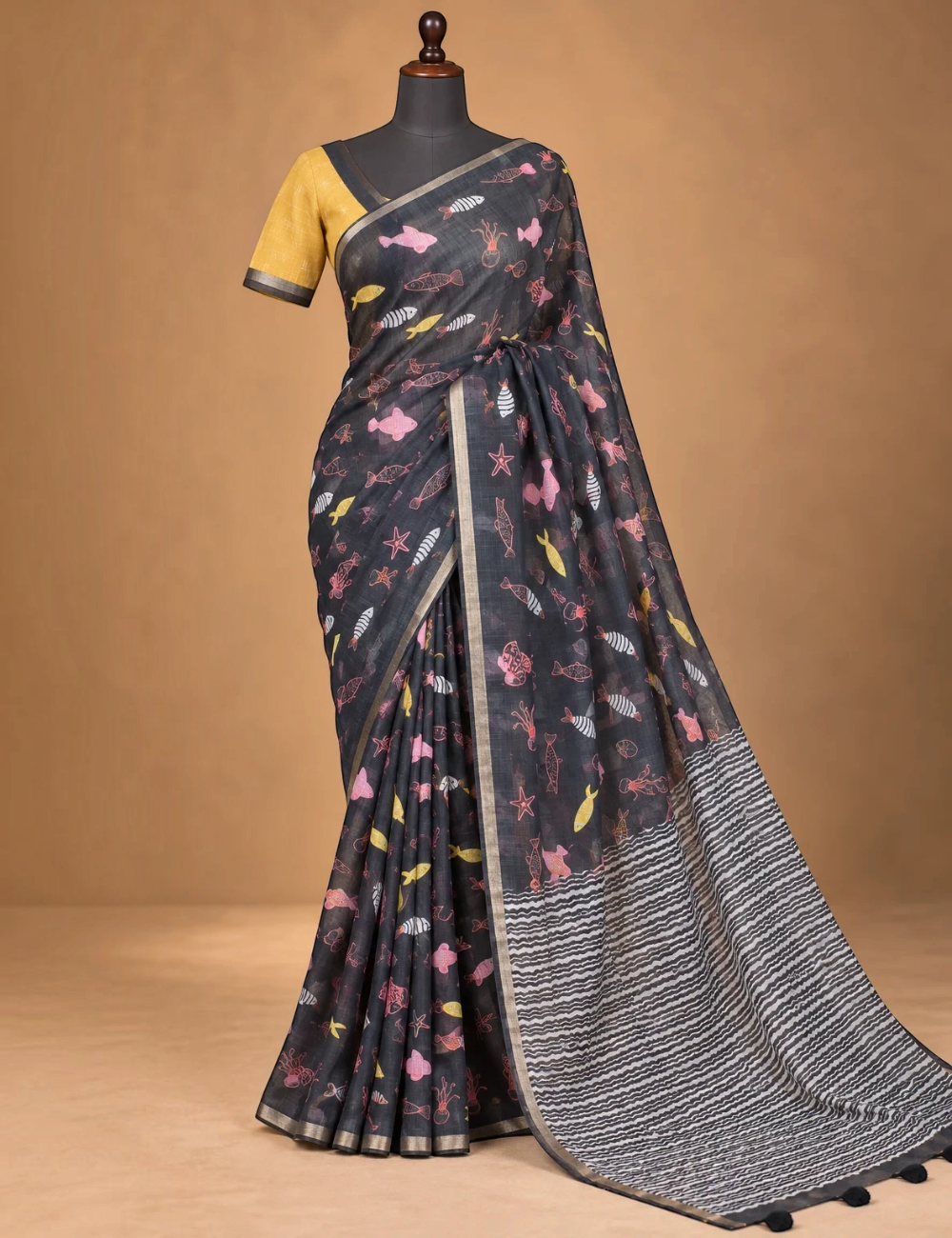 House Of Paramya charcoal linen saree with whimsical marine print, featuring a black and white chevron striped pallu.