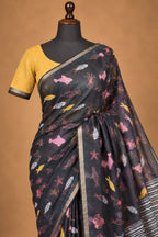 House Of Paramya charcoal linen saree with whimsical marine fish and starfish print, paired with a chevron pallu.