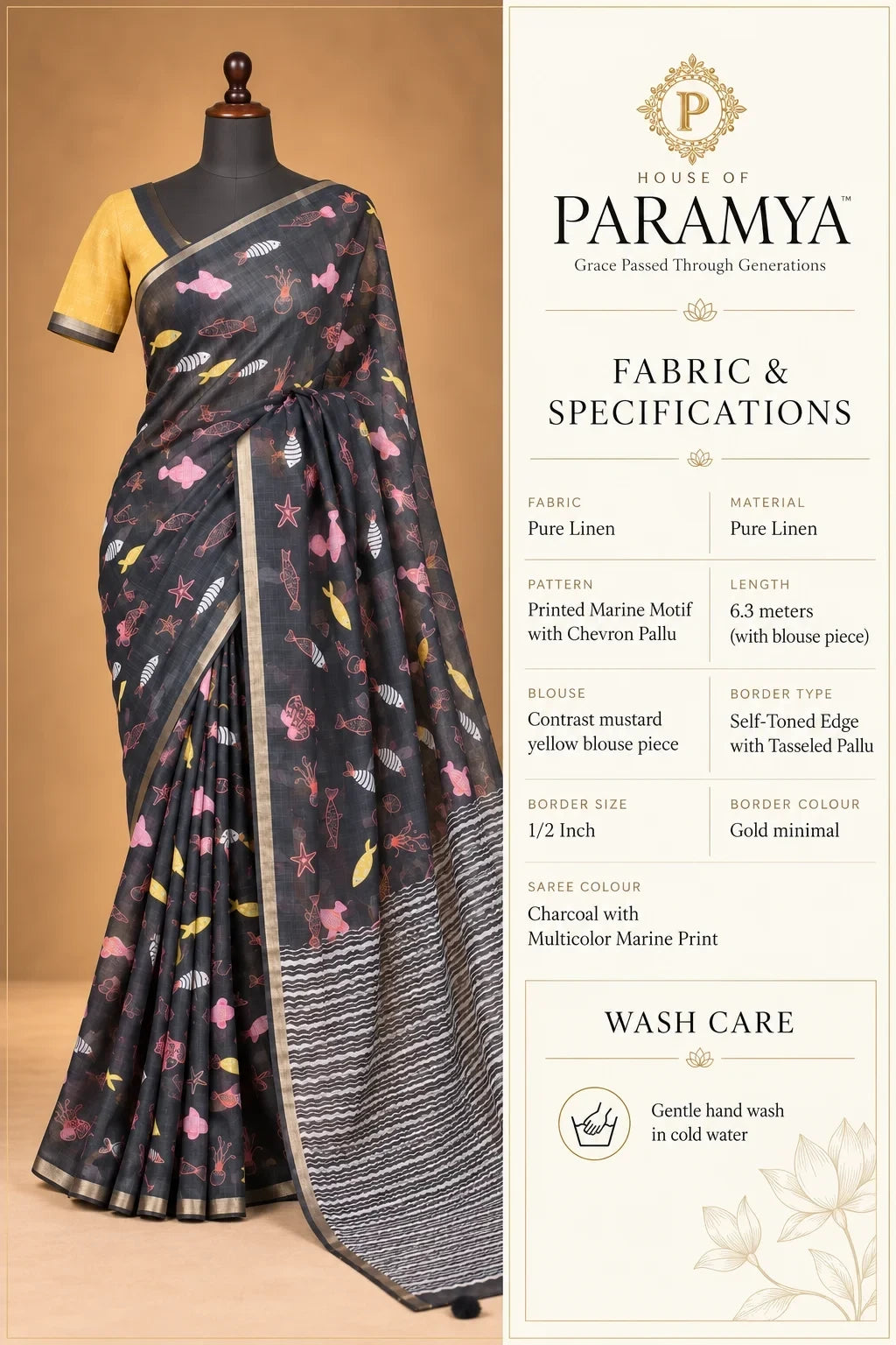 House Of Paramya charcoal linen saree with colorful marine motifs, mustard yellow blouse, and chevron striped pallu.