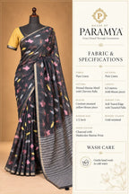 House Of Paramya charcoal linen saree with colorful marine motifs, mustard yellow blouse, and chevron striped pallu.