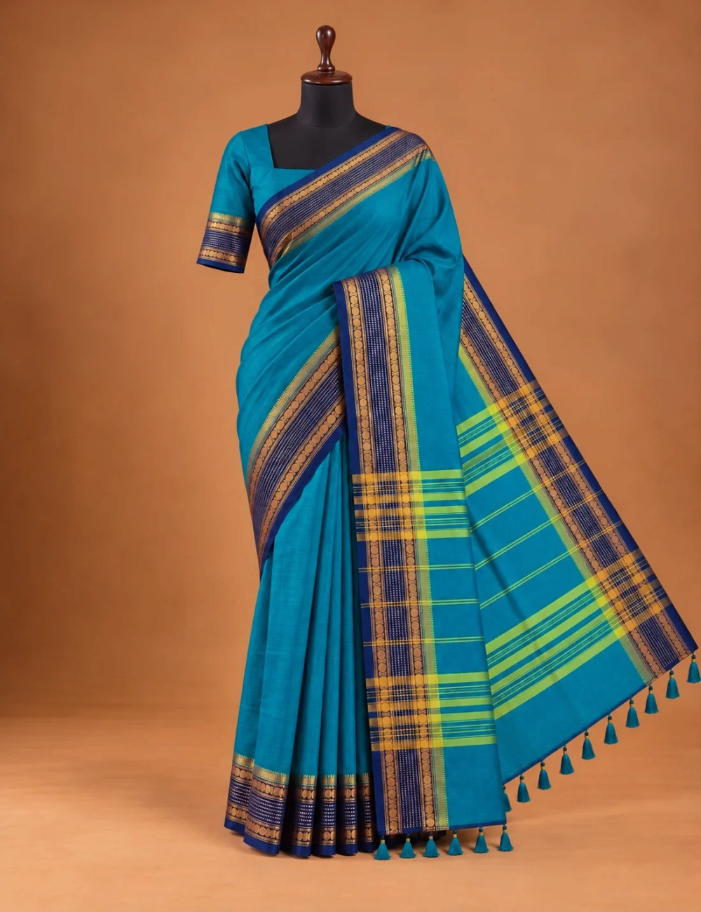 House Of Paramya peacock blue Chettinad cotton saree with navy blue gold zari border and green striped pallu