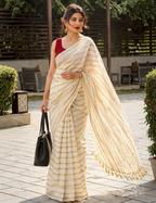 House Of Paramya off-white cotton saree with gold zari stripes and a decorative tassel border worn by a woman