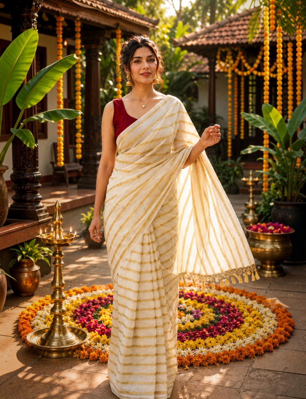 House Of Paramya off-white cotton saree with gold zari stripes and tassel border worn by a woman in a courtyard