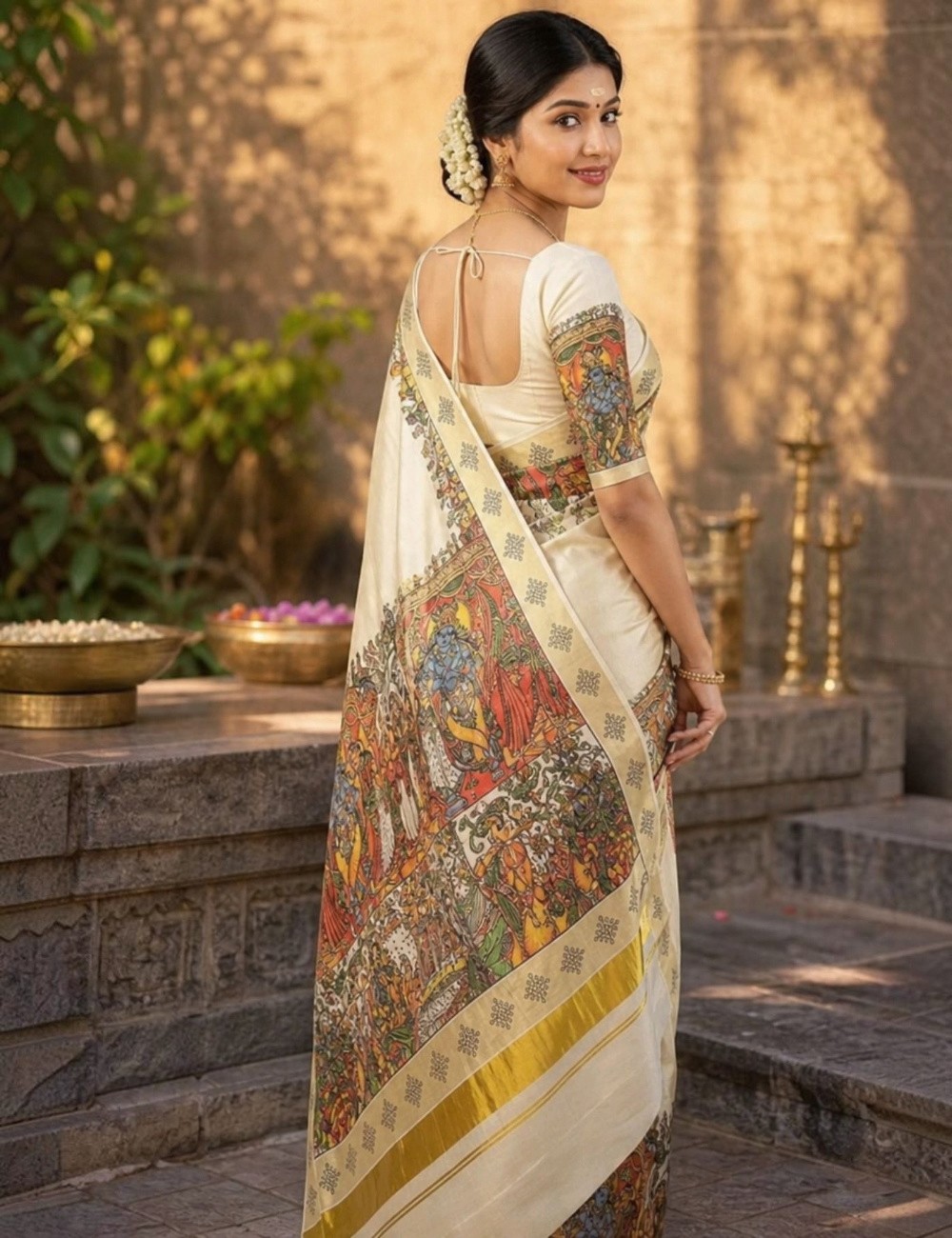 House Of Paramya cream tissue Kasavu saree featuring a multicolor Seetha Kalyanam Kerala mural print and gold border.