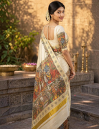 House Of Paramya cream tissue Kasavu saree featuring a multicolor Seetha Kalyanam Kerala mural print and gold border.