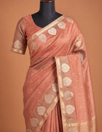 House Of Paramya dusty peach pure organza saree with silver-gold woven butti motifs and a traditional zari border