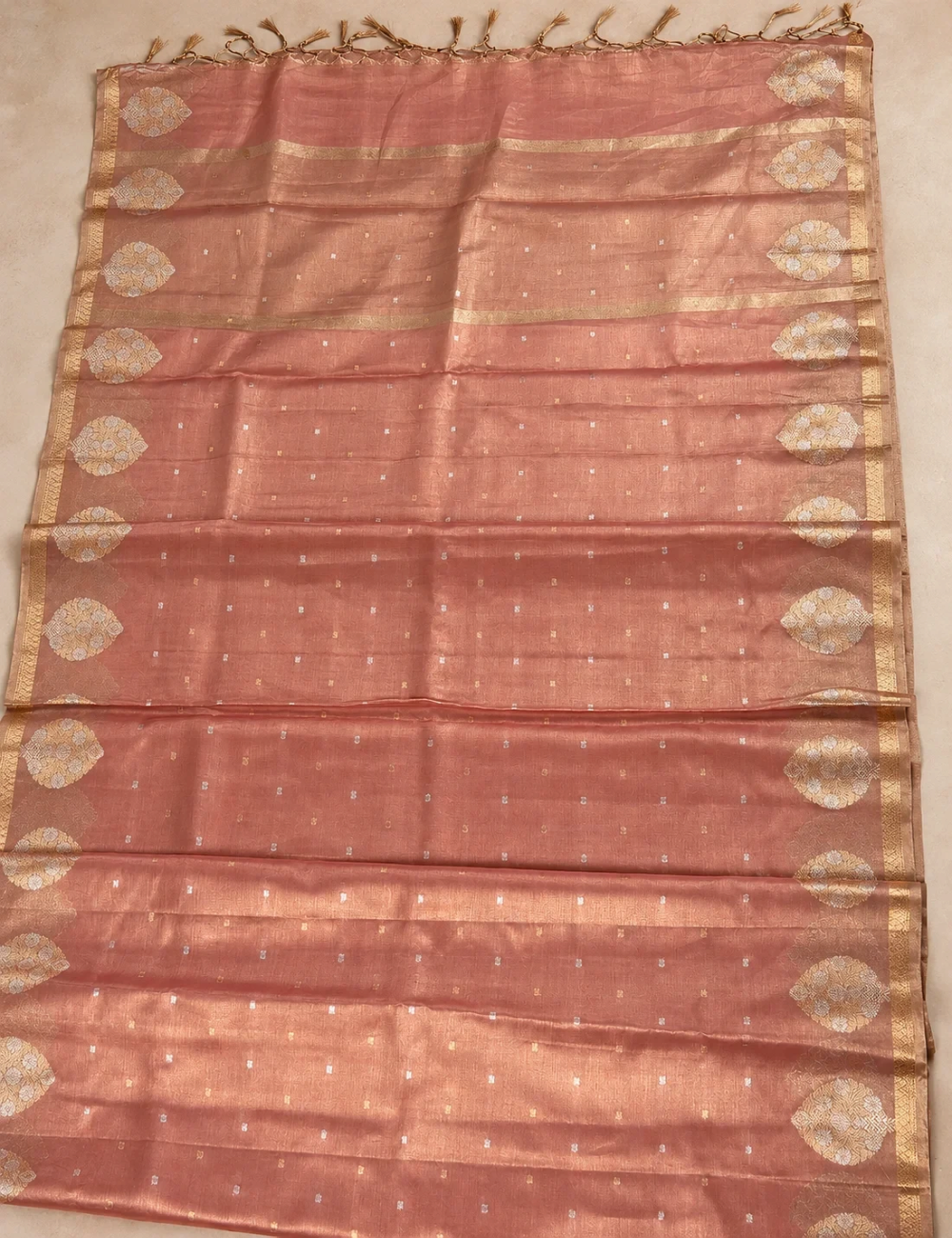 House Of Paramya dusty peach pure organza saree with silver-gold woven butti motifs and a zari medallion border