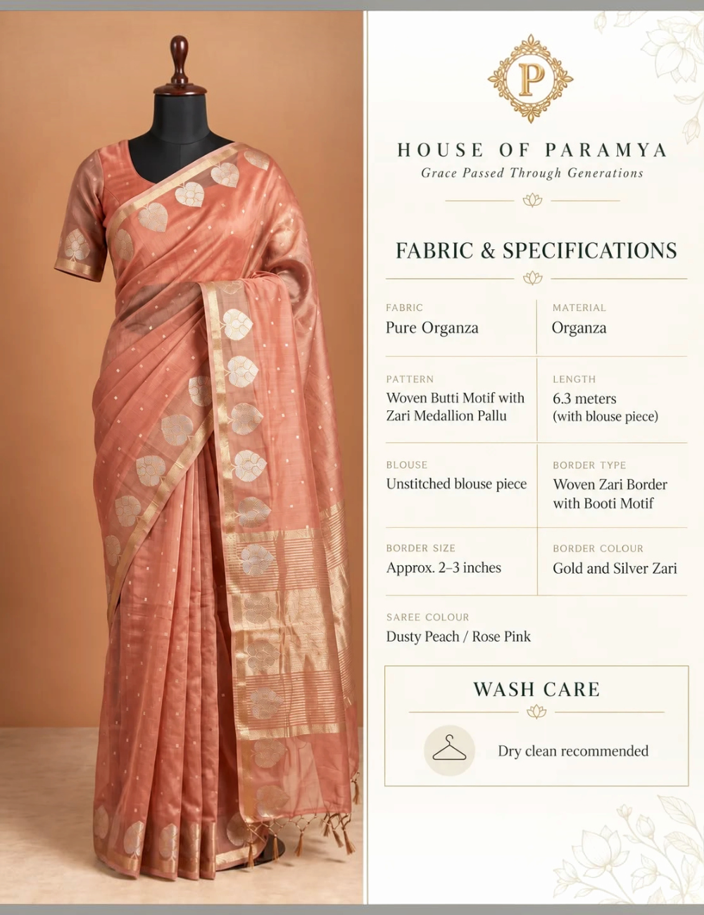House Of Paramya dusty peach pure organza saree with silver-gold woven butti motifs and a zari medallion pallu.