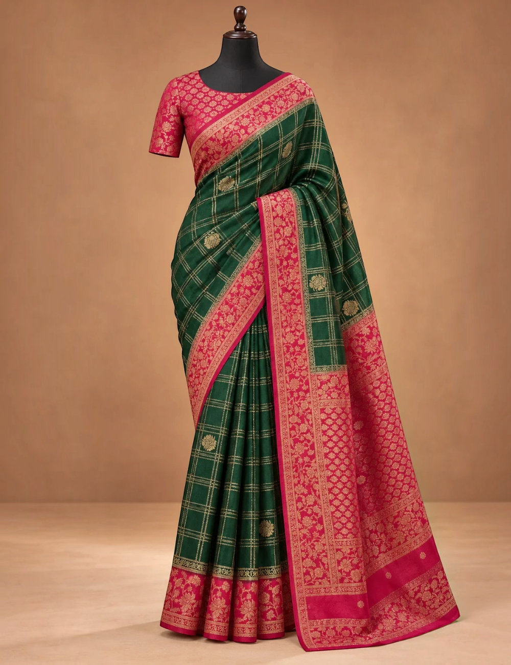 House Of Paramya emerald green georgette saree featuring a gold checkered weave and a magenta pink floral zari border.