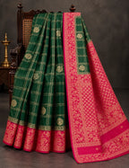 House Of Paramya emerald green georgette saree with gold checkered weave and magenta pink floral zari border
