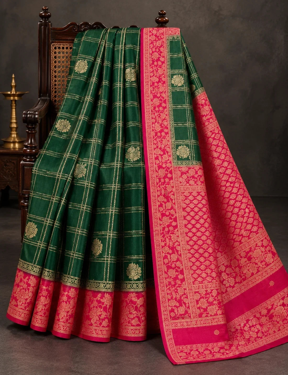 House Of Paramya emerald green georgette saree with gold checkered weave and magenta pink floral zari border