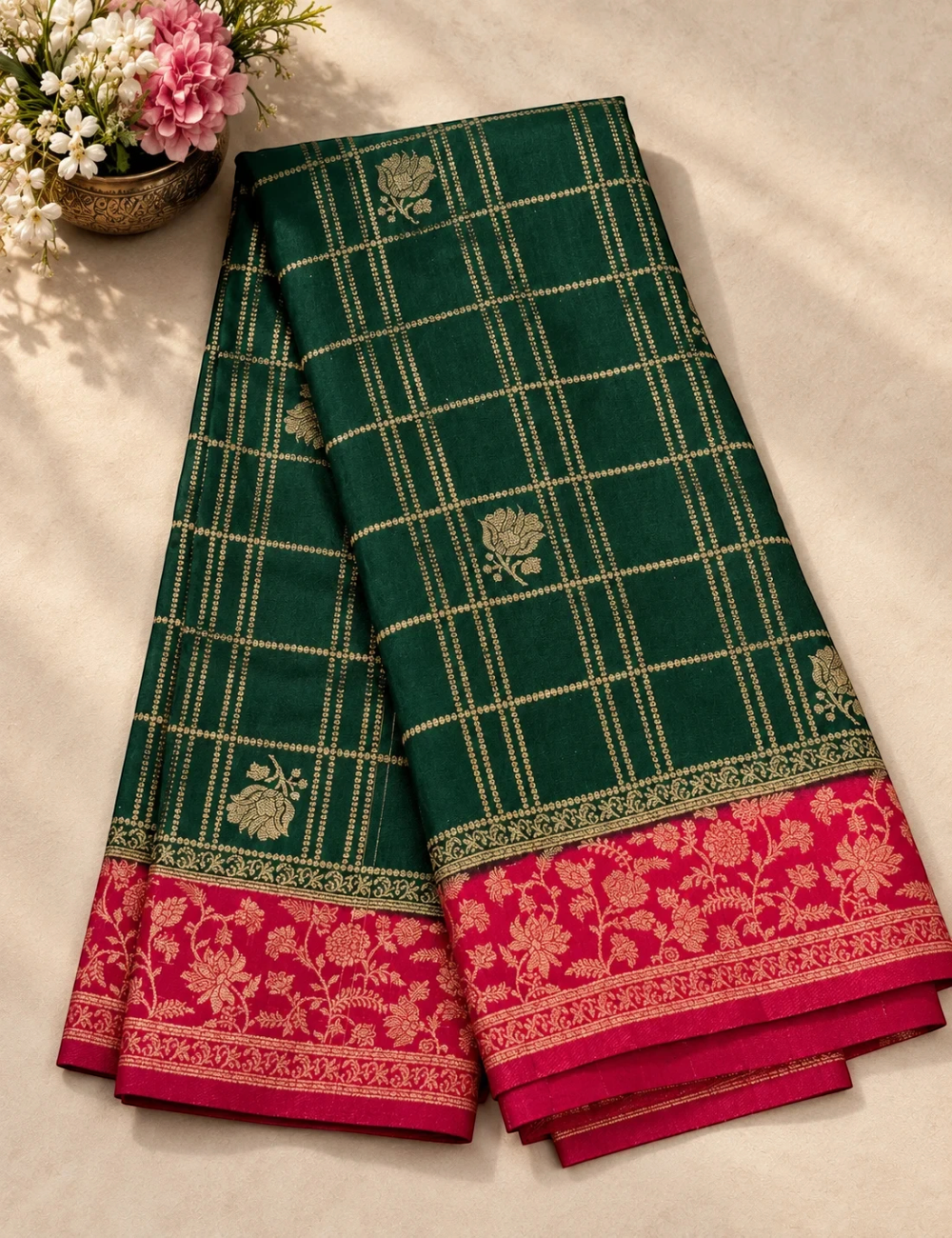 House Of Paramya emerald green georgette saree with gold checkered weave, floral zari motifs, and magenta pink border.