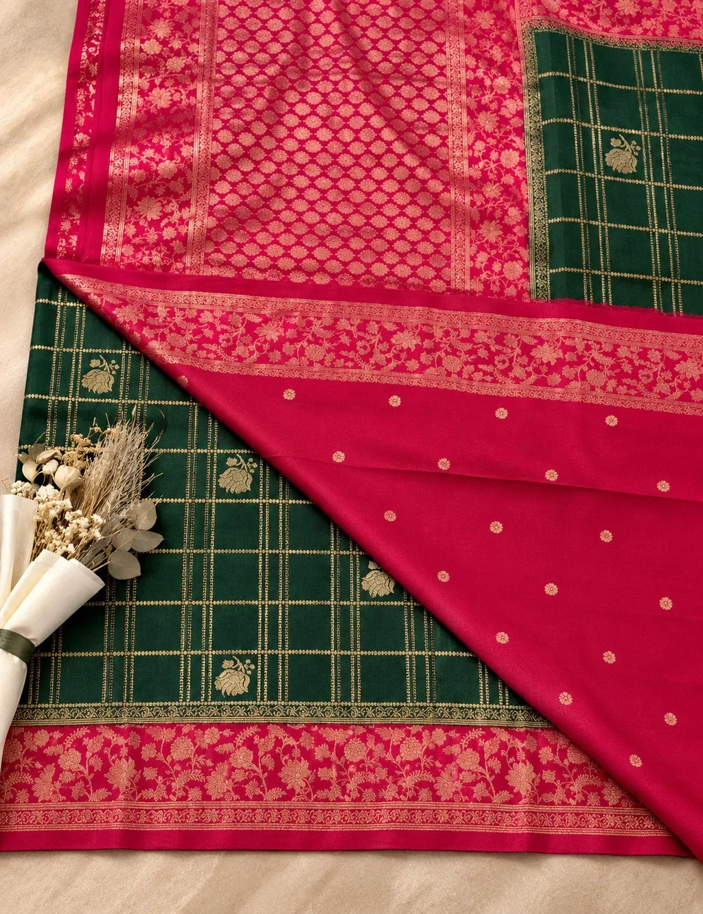 House Of Paramya emerald green georgette saree featuring a magenta pink floral zari border and gold checkered weave.