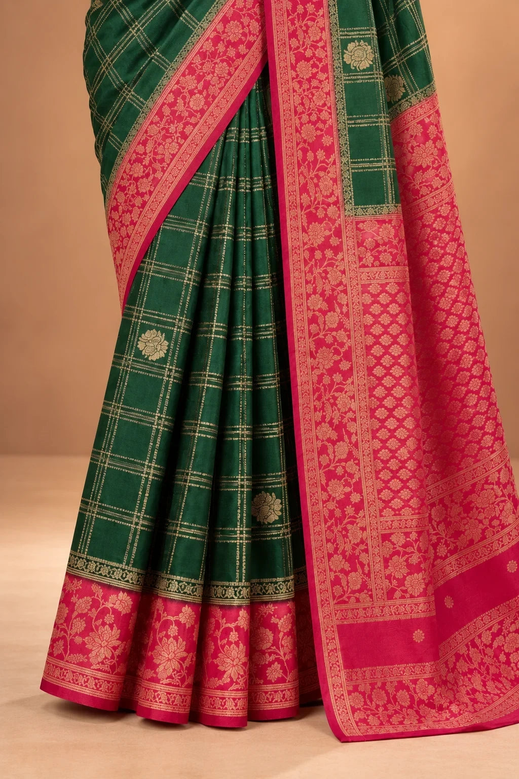 House Of Paramya emerald green georgette saree with gold checkered weave and magenta pink floral zari border