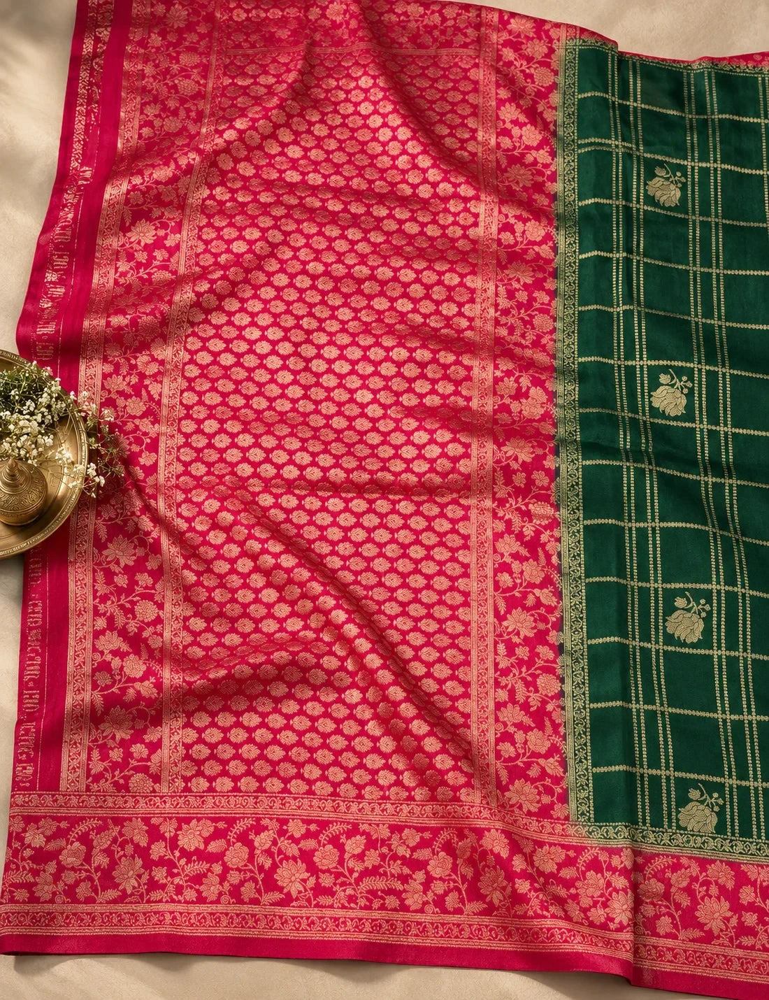 House Of Paramya emerald green georgette saree with a wide magenta pink floral zari border and gold checkered weave.