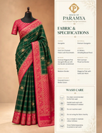House Of Paramya emerald green georgette saree with gold checkered weave and magenta pink floral zari border