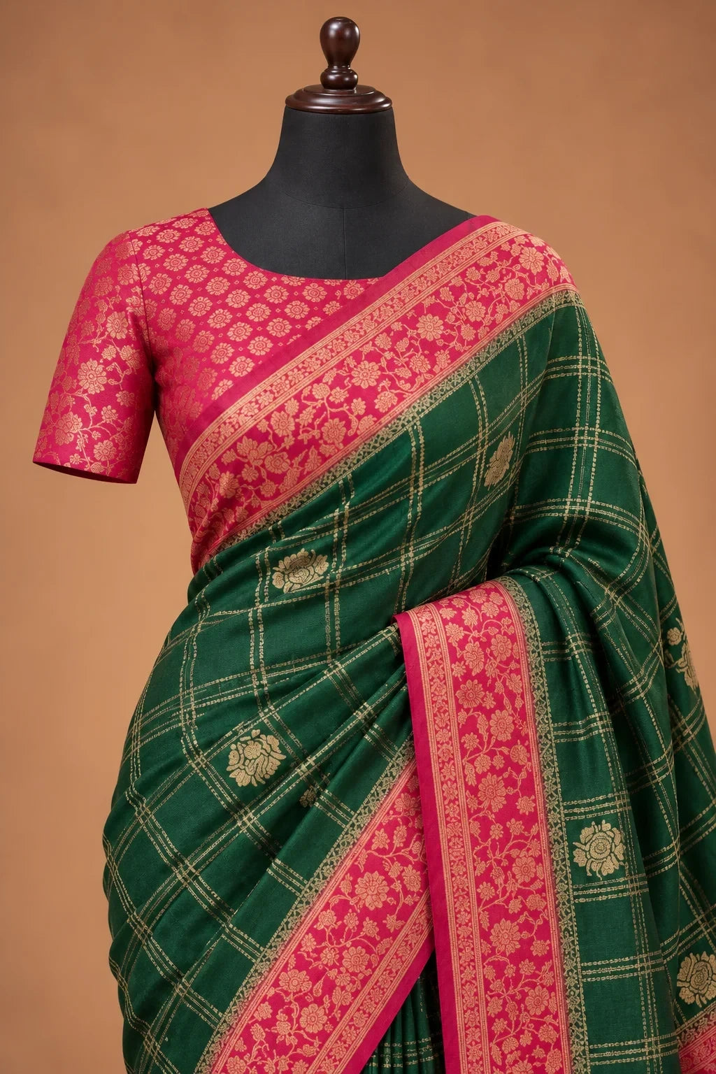 House Of Paramya emerald green georgette saree with magenta pink floral zari border and gold checkered weave