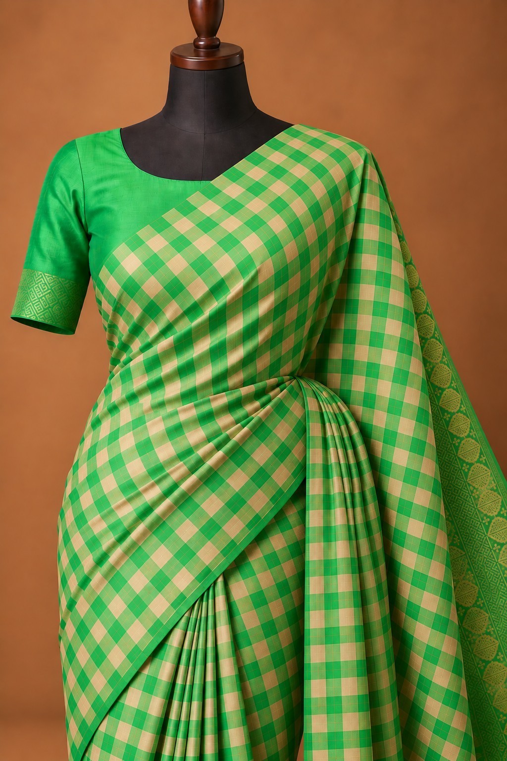 House Of Paramya emerald green Kanchipuram silk saree with a traditional checked pattern and intricate zari border.