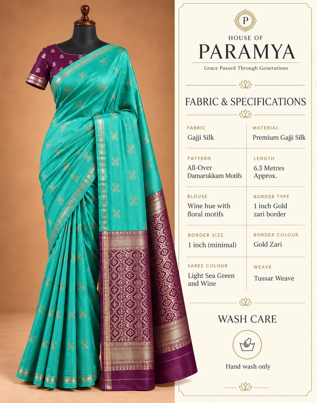 House Of Paramya light sea green Gajji silk saree with wine pallu, gold zari border, and traditional woven motifs.