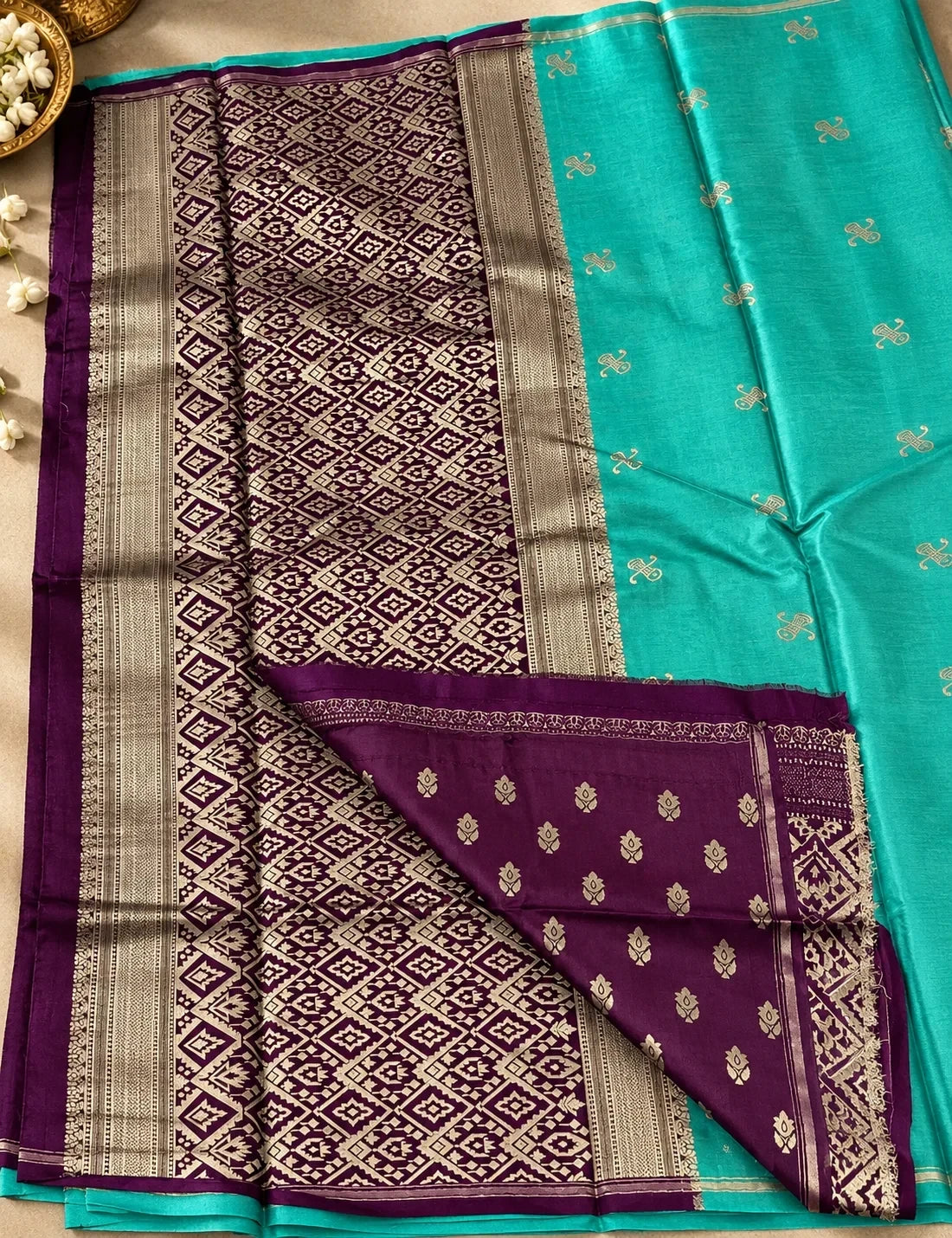 House Of Paramya light sea green Gajji silk saree with rich wine pallu featuring intricate traditional woven motifs.
