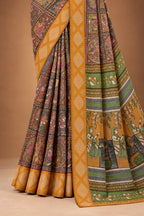House Of Paramya georgette saree in mehendi green and mustard with traditional kalamkari-style printed motifs
