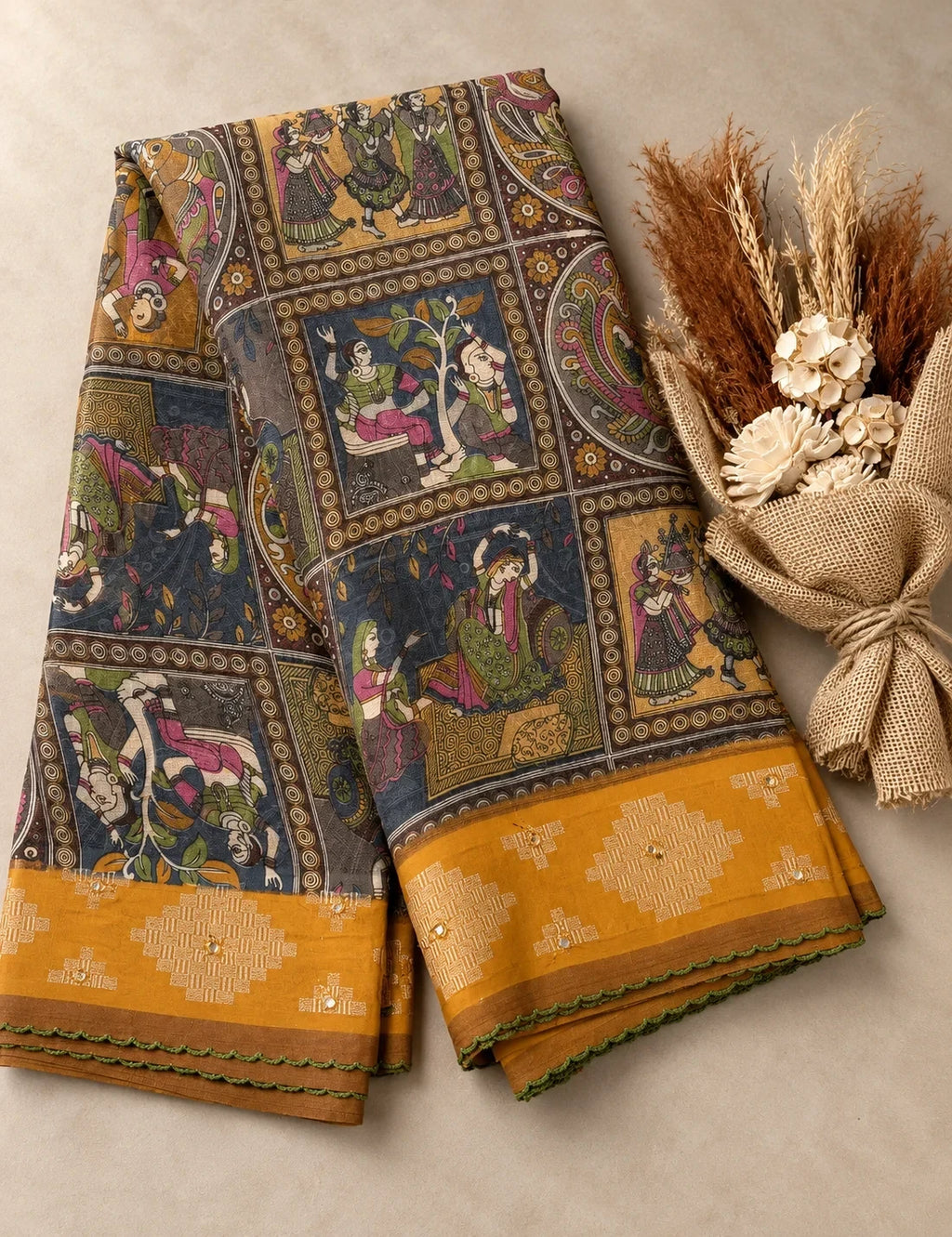 House Of Paramya georgette saree in mehendi green and brown with mustard border and traditional folk art print