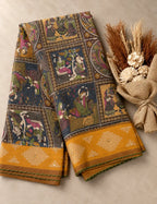 House Of Paramya georgette saree in mehendi green and brown with mustard border and traditional folk art print