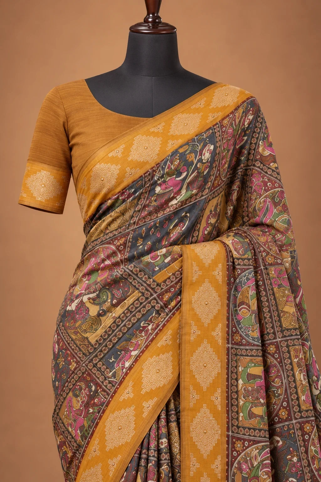 House Of Paramya mehendi green and mustard georgette saree featuring intricate traditional folk art print and border