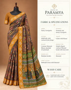 House Of Paramya georgette saree in mehendi green with a mustard border and traditional printed patterns