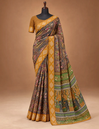 House Of Paramya georgette saree in mehendi green and brown with a mustard border and traditional printed motifs